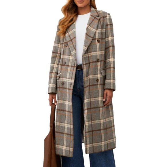 ASTR The Label Raquel Coat Grey Brown Plaid Double-Breasted Wool Blend Size S - Picture 5 of 11